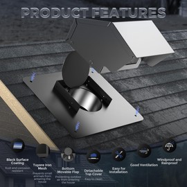 4 Inch Roof Vent Cap Bathroom Exhaust Roof Vent with Damper & Sealed Screen, Removable Ventilation System for Dryer with Bottom Extension Pipe, Black Surface Coating, Waterproof (4 inch)