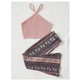 Floerns Girl's 2 Piece Outfit Halter Crop Top and Paisley Bell Bottom Pants Set Pink Multi 8Y