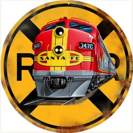 Victory Vintage Signs Railroad Crossing Santa Fe Engine Round Reproduction