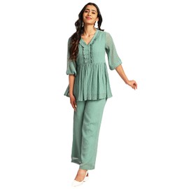 Janasya Indian Women's Chiffon Sage Woven Design Casual Wear Co-ord Set for Women
