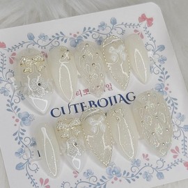 Wedding emboss handmade nail tips - Almond S / 웨딩 엠보 수제네일팁 - 아몬드S