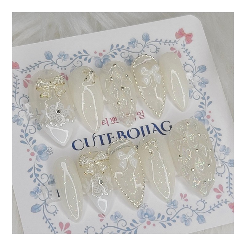 Wedding emboss handmade nail tips - Almond S / 웨딩
