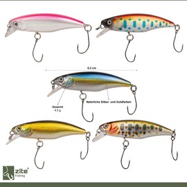 Zite Fishing Trout Wobbler Set 5.2 cm - 5 UL Trout Bait Bass Fishing Lure - Slow Sinking Trout Spoon Alternative with Bait Box