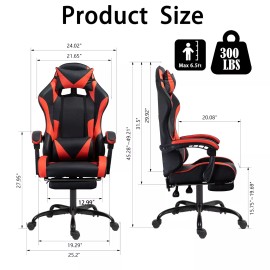 FelixKing PU Gaming Chair Racing Ergonomic Design W/ Footrest USB Massage Lumbar Pillow - Red