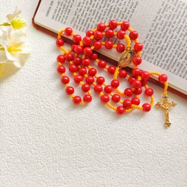 Hactnion Rosary Beads, Knotted Rosary, Red Beads,Copper Plated with 18K Gold and Inlaid with Zirconia Jesus Christ Crucifix Pendant,Catholic Rosary, Rosary for Women, Men