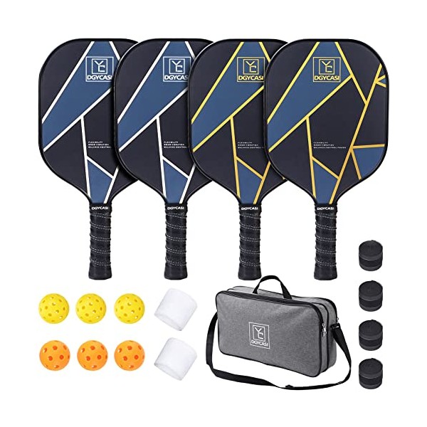 YC DGYCASI Pickleball Paddles Set of 4, Graphite Carbon Fiber Surface Honeycomb Core Pickleball Rackets Set Includes 4 Pickleball Paddle + 6 Balls + 4 Replacement Soft Grip + 2 Bracer + 1 Sling Bag