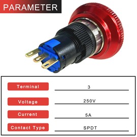 MKBKLLJY 2 Pcs 16mm Metal Emergency Stop Push Button Switch Latching 5A 250V Stainless Steel RESET SPDT Mushroom Red 5/8" Mouting Hole 3Pin 1NO 1NC With Wire Connection Plug Rubber Ring