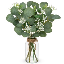 Artificial Eucalyptus Stems with Baby Breath Flowers in Glass Vase with Faux Water, 14" Fake Plant Eucalyptus Leaves for Home Farmhouse Wedding Centerpiece Bathroom Décor