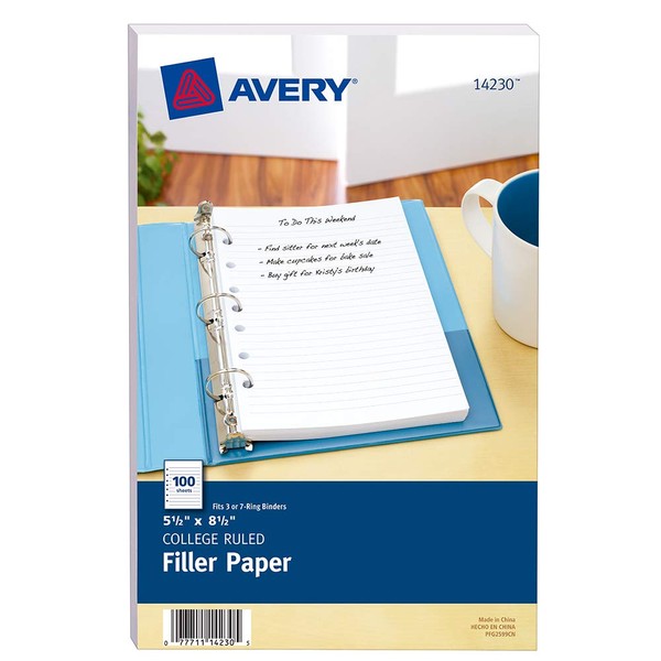 Avery Mini Binder Filler Paper for 3 or 7 Ring Binders, College Ruled, 5.5" x 8.5", 100 Sheets (14230) White