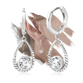 Dangle Hoop Earrings for Women Sterling Sliver Hoop Earrings with Twisted Teardrop Dangling Drop Earrings CZ Cubic Zirconia 7mm Bezel Huggie Jewelry Gifts for Birthday Mother's Day Chrismas