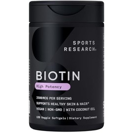 Sports Research® Biotin 2,500mcg w/Coconut Oil - 120 Count Plantgels™ | High Potency BiHigh Potency Biotin (vitamin B7) for Healthy Skin and Hair Supp