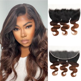Anmetan Ombre 13x4 HD Lace Frontal Body Wave Ear to Ear Free Part with Baby Hair 12A Chestnut Brown Colored #T1B/2/30 Transparent HD Lace Frontal Dark Roots 100% Remy Hair (150% Full Denisty, 14 Inch)