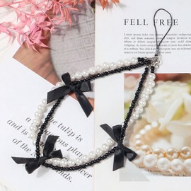 Reownest Phone Charm Bracelet, Cute Bow Chain with Aesthetic Design Beads, Universal Phone Wrist Strap Keychain Accessories for Bags, Camera, Decoration - Black+White