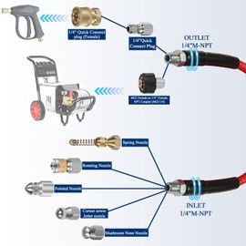100FT Sewer Jetter Kit for Pressure Washer, 1/4''NPT Drain Cleaner Hose 5800PSI, Pressure Washer Cleaning Kit with Corner Rotating Button Sewer Jetting Nozzles, Quick Connect Set