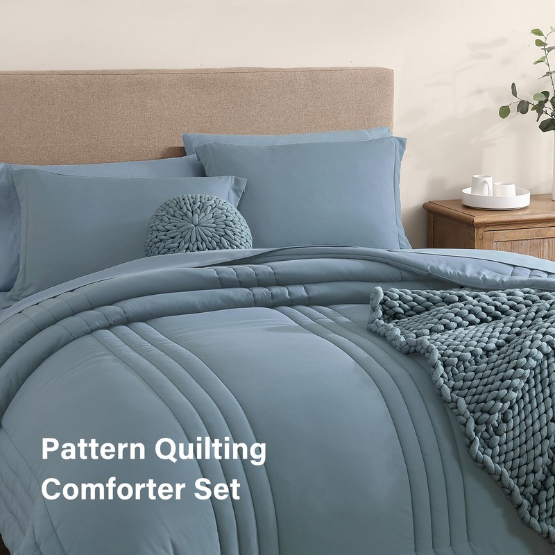 Monbix Full Comforter Set - 7 Pieces Dusty Blue Bed