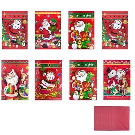 8 Pack Assorted Design Christmas Gift Cards with 8 Envelopes, 3D Cute Holiday Greeting Cards Santa Claus Bulk Set Kids Christmas Greeting Cards 4.7 x 6.7inch