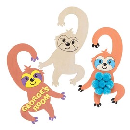 Baker Ross FE428 Sloth Colour-in Wooden Door Hangers - Pack of 4, Wooden Crafts for Kids to Decorate and Display