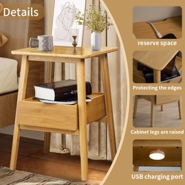 Kuabner Night Stand with Drawer, Mid Century Modern Nightstand, Bedside Tables with Open Storage Shelf,Large Storage End Table, Bamboo Night Stands for Bedrooms