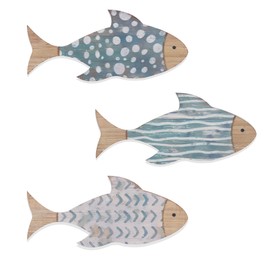 Simaixing 3 PCS Wooden Fish Coastal Decor Set, Beach Themed Room Decor, Vintage Lake House Decor, Nautical Ocean Wooden Fish Wall Art Decor for Home Bathroom Living Room (Gradient Blue)