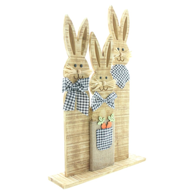 FRANK FLECHTWAREN Easter Decoration, Rabbit Trio, Chequered Look, Wood, Textile,