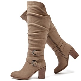 Luoika Women's Extra Wide Calf Knee High Boots, Wide Width Slouchy Knee-High Boots Chunky Pump Heel Plus Size Boots. Beige 230703 10XW