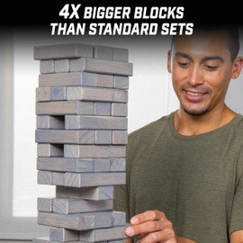 GoSports Large Wooden Toppling Tower - Stacks Up to 3 ft - Gray Wood Stain