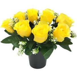 NEW IMPROVED DESIGN & QUALITY WITH FOAM INSERT | 25cm Grave Flower Pots | Artificial Flowers For Graves | For Cemetery & Floral Decorations | Grave Flowers Cemetery Funeral Flowers | 12 YELLOW ROSES