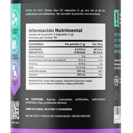 Ácido Alfa Lipoico de 180 Cápsulas con Curcuma. Ingredientes naturales. Alpha Lipoic Acid. B Life