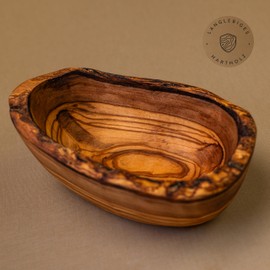 das Olivenholzbrett® Small Dip Bowl, Made of Olive Wood, Olive Wood Bowl, Natural Cut and as much as Possible with Natural Rim, Oval 12 cm