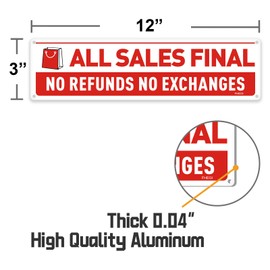 FHEGI 2-Pack All Sales Final No Refunds No Exchanges Sign, 12x3 Inches, Reflective Rust Free Aluminum UV Protected Waterproof Easy Mounting Outdoor or Indoor Use.No Refunds All Sales Final Sign