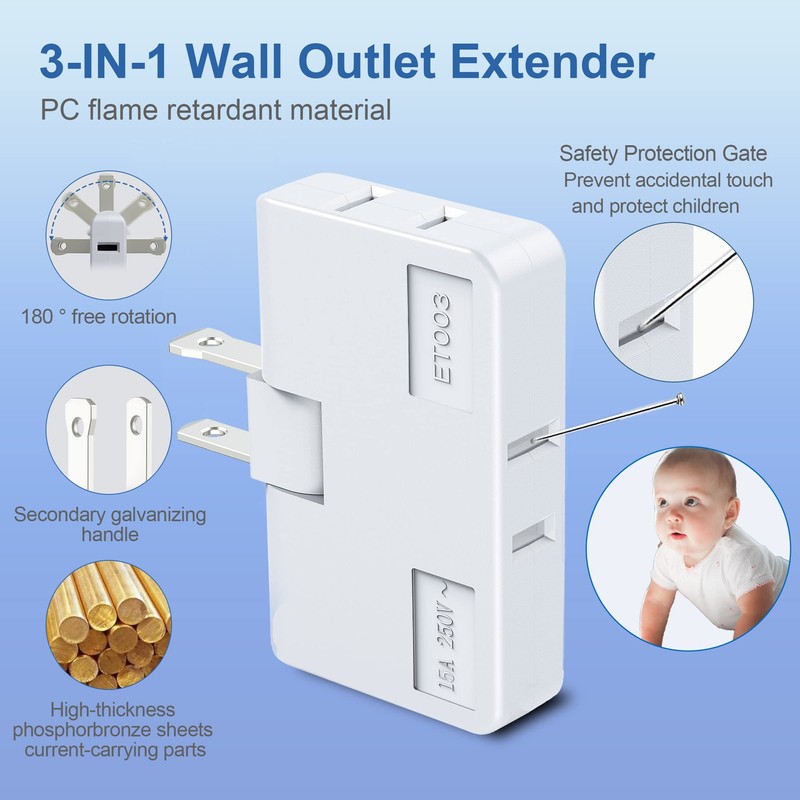 ETwinCoo 3 Way Flat Wall Outlet Extender Safe AC Adapter