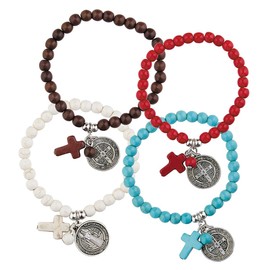 Assorted Colors Stone Charm Bracelet with Saint Benedict Medal, 7 1/2 Inch, Pack of 4