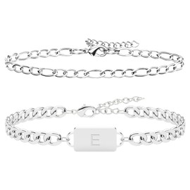 2PCS Initial Letter Stainless Steel Bracelet, A-Z Letter Pendant Cuban Figaro Chain for Men Women Jewelry Set Silver E