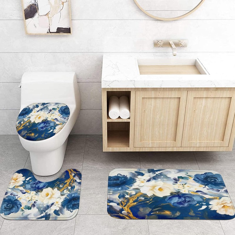 LQCOOL Blue Shower Curtain Set 4Pcs Flower Bathroom Sets with