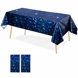 OQOQ Space Decorations Iridescent Tablecloth (Starry Blue, 2 Packs), Space Star Galaxy Iridescent Party Decorations Table Cloth Disposable Plastic Waterproof Rectangular Table Cover 54x108 Inches