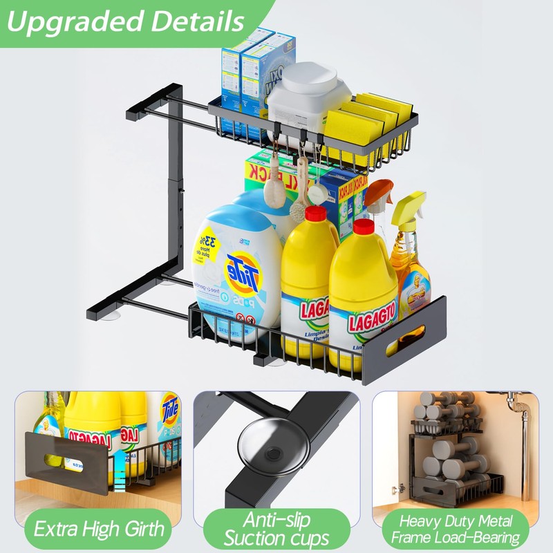ADBIU Under Sink Organizer(10 Seconds Installation), 2 Packs 2 Tier