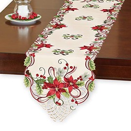 Pretty Poinsettia & Berries Christmas Table Linens, Runner