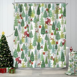 Petrala Christmas Tree Shower Curtain Santa Deer Holiday Shower Curtains for Bathroom, Vintage Red and Green Merry Christmas Fabric Cloth Bath Decor Set with 12 Hooks, 72x72 inch