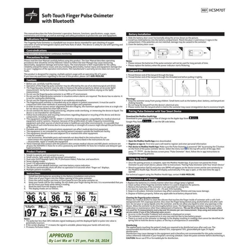 Medline Soft-Touch Bluetooth Fingertip Pulse Oximeter, One Each