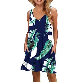 MISFAY Women's Summer Casual T Shirt Dresses Beach Cover up Tank Dress(Print Blue,L)