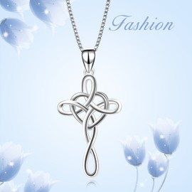 YFN Cross Necklace 925 Sterling Silver Celtic Knot Cross Infinity Heart Love Pendant Necklace 18" (Silver Celtic Knot Cross Necklace)