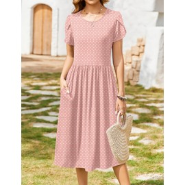 Zeagoo Pink Round Dot Floral Midi Dress - Women's Casual Knee-Length X-Large A-Line Dress