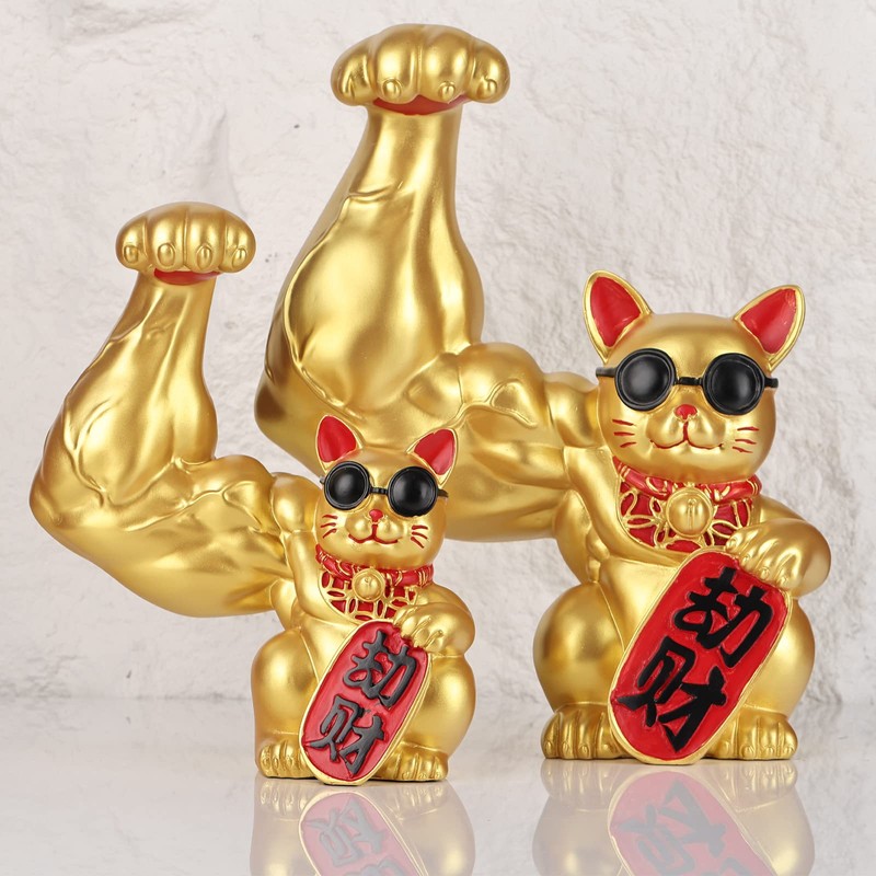 Fortune Large Lucky Cat Statue, Gold Money Cat, Waving Arm