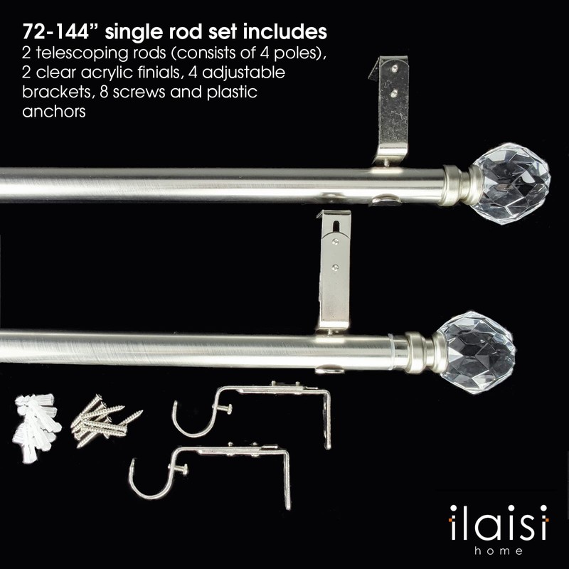 ILAISIHOME Luxury Silver Decorative Single Curtain Rod Set with Crystal-clear