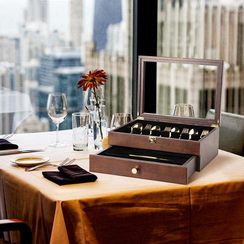 Yoimori Silverware Box, 2-Layer Wooden Silverware Storage Box with Glass