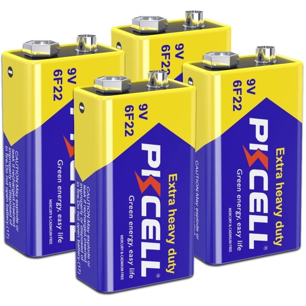 PKCELL Batería seca de 9 V de máxima potencia (4 unidades) – Batería de zinc de carbono de 9 voltios de larga duración, vida útil de 3 años, batería a prueba de fugas de 9 V para detectores de humo