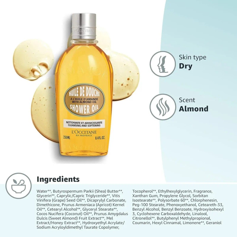 Aceite de Ducha L'Occitane Almendras 250mL Vegano Sin Parabenos Cruelty