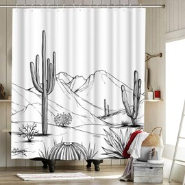 RnnJoile Western Shower Curtain Aztec Cactus Desert Bath Curtain Black White Bathroom Decor with Hooks Waterproof Fabric 72"×72"
