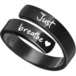 Just Breathe Ring For Women Adjustable Heart Ring Stainless Steel Spiral Wrap Twist Vintage Healing Ring Used to relieve anxiety Twist Inspirational Friendship Gift Jewelry (Black heart)