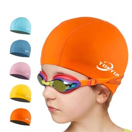 Swim Cap for Kid Cloth Swim Cap for Long Hair Short Hair, Kids Boy, Girl, Lightweight and Comfortable, Perfect Easy to Put On and Off Waterproof Caps for Beach, Pool, Lap Swimming (Orange Color)